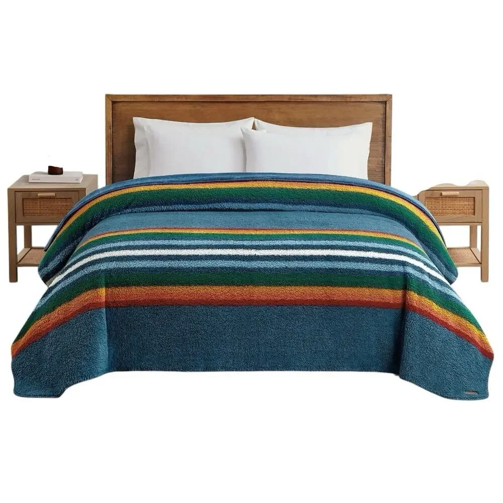 PENDLETON Crater National Park SHERPA Blue Stripe Blanket Comforter 92x102 KING